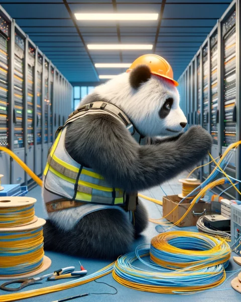 DALL·E 2024-01-05 11.51.37 - Create additional images of a worker panda installing fiber circuits, with the panda positioned off to the side of the scene. The panda, realistically copy