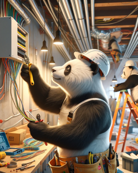 DALL·E 2024-01-10 12.18.07 - A realistic scene at a construction site with two pandas installing low-voltage wiring. The first panda is in the foreground, wearing a safety helmet
