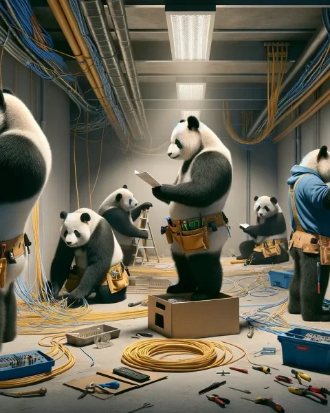 DALL·E 2024-01-11 14.46.14 - A scene showing several pandas inside a building, working on installing a telephone network. The pandas, realistic and wearing work attire including s