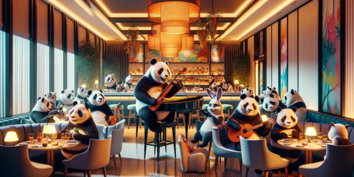 DALL·E 2024-01-04 11.06.05 - A vibrant scene at a hotel restaurant and bar where a group of pandas and a random bunny are enjoying music. The setting is a luxurious hotel restaura copy