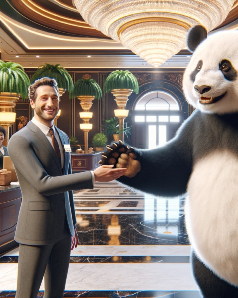 DALL·E 2024-01-02 14.45.50 - In a sophisticated hotel lobby, a highly realistic panda stands upright on its hind legs, reaching out with its right paw to shake hands with a human
