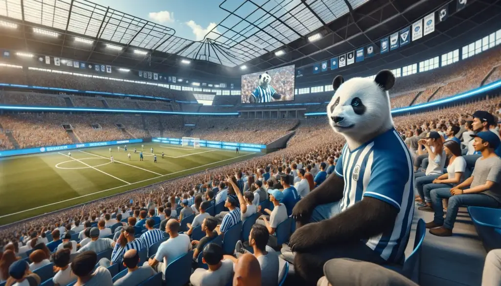 DALL·E 2024 01 05 10.58.06 Imagine a sports stadium filled with a diverse crowd of enthusiastic fans. Among them slightly to the left or right sits a panda subtly blended int copy