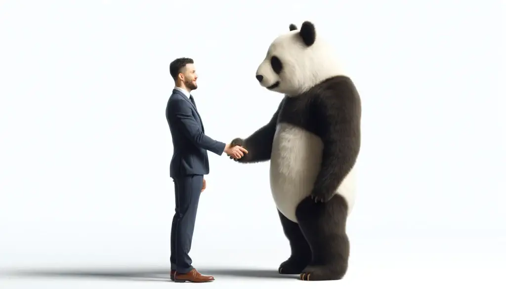 DALL·E 2024 05 02 19.55.02 Create a wide format image 1920x1080 of a realistic panda shaking hands with a businessman set against a simple white background. The panda is depi
